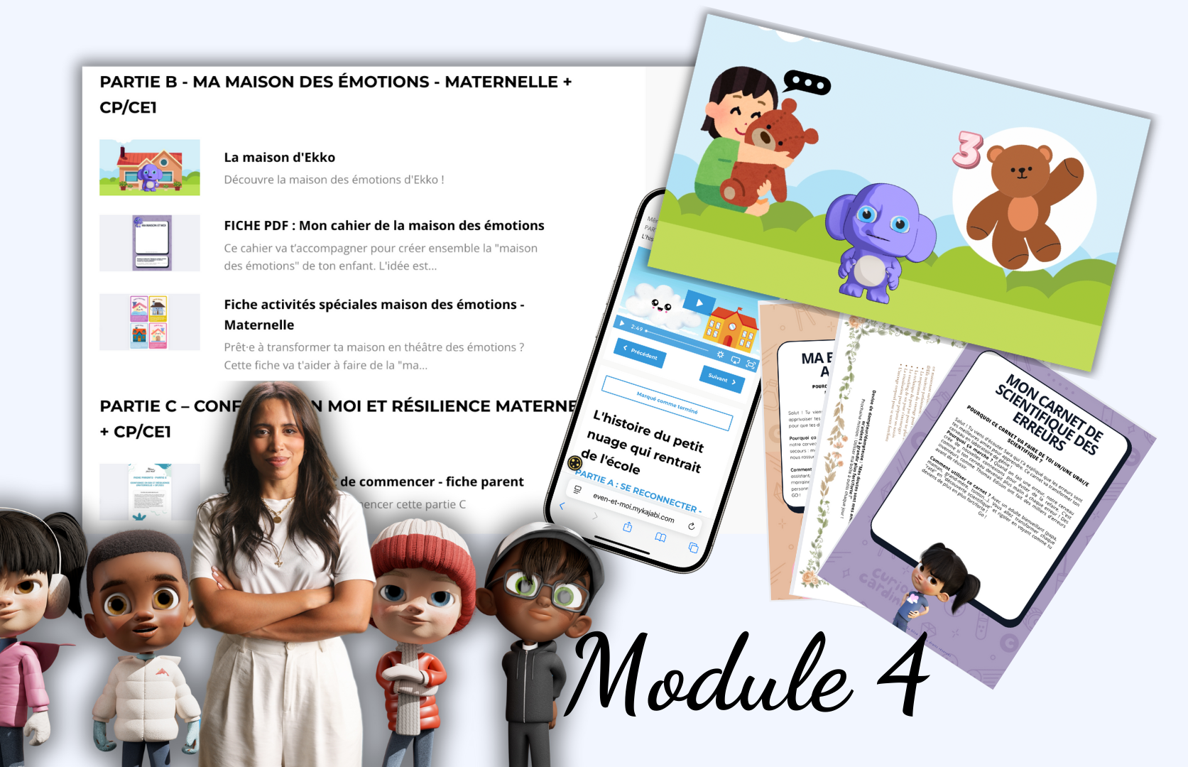 Module 4 : collage Élodie et les 4 personnages — On renforce nos liens parent-enfant