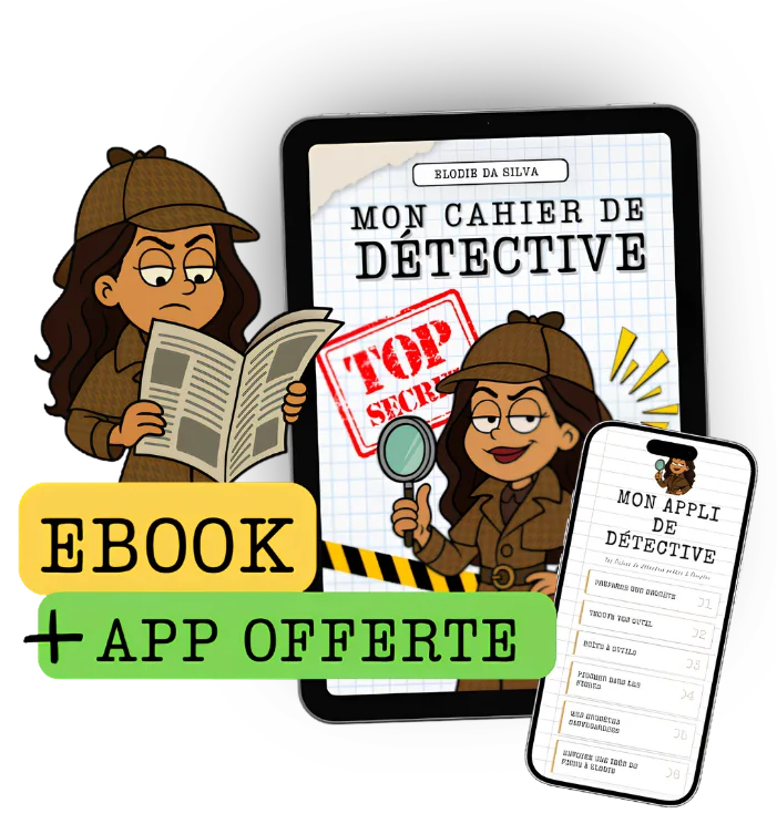 Le Cahier de Détective : aperçu du PDF et de l'application mobile