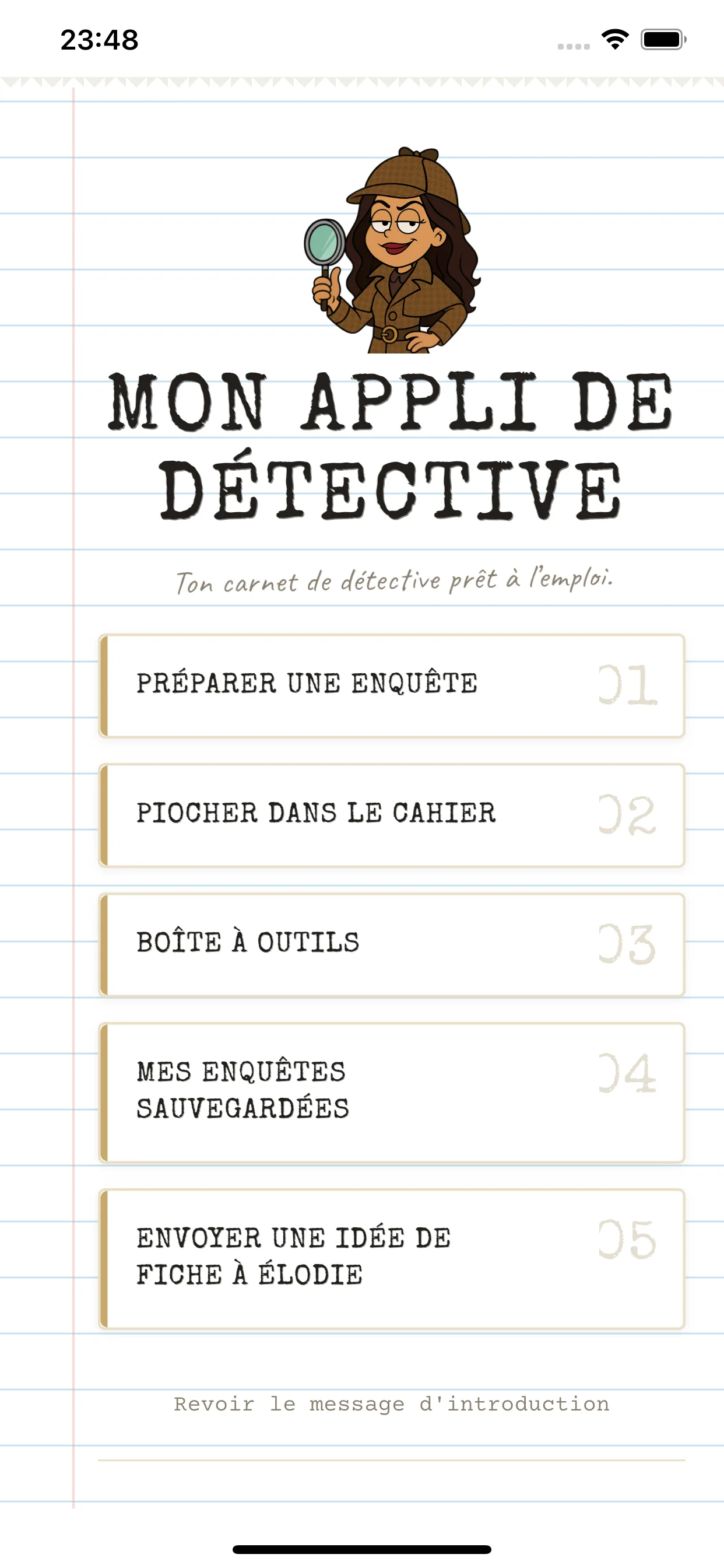 Capture d'écran de l'App du Détective : carnet d'enquêtes interactif