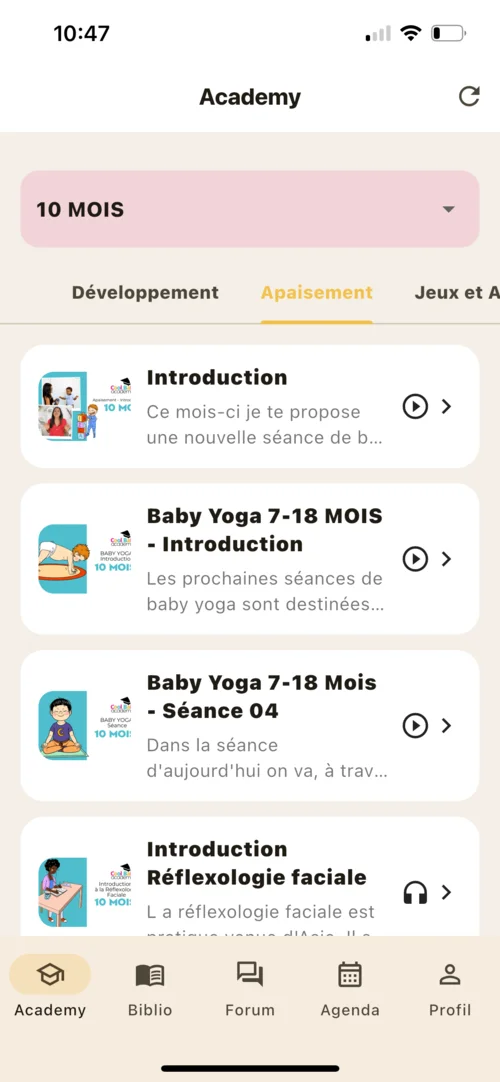 Capture d'écran de l'app Cool Baby Academy : programme Apaisement à 10 mois